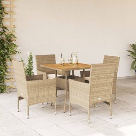 Set de comedor jardín 5 pzas con cojines ratán PE acacia beige
