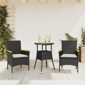 Set de comedor jardín 3 pzas con cojines ratán PE acacia negro