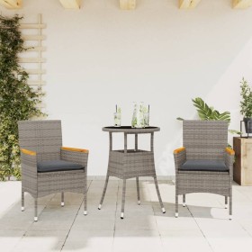 Set comedor jardín 3 pzas y cojines ratán sintético vidrio gris en Conjuntos de jardín | Comprar online en Foro24