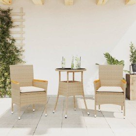 Set comedor jardín 3 pzas cojines ratán sintético vidrio beige