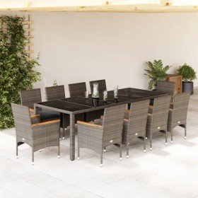 Set comedor jardín 11 pzas cojines ratán sintético vidrio gris