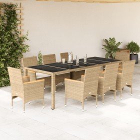 Set comedor jardín 9 pzas cojines ratán sintético vidrio beige