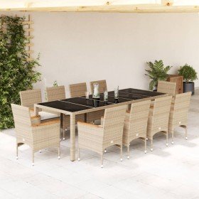 Set comedor jardín 11 pzas cojines ratán sintético vidrio beige