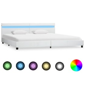 Estructura de cama con LED de cuero sintético blan