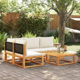 Conjunto de sofá de jardín de 5 piezas con cojines de madera de acacia y ratán en Conjuntos de jardín | Comprar online en Foro24