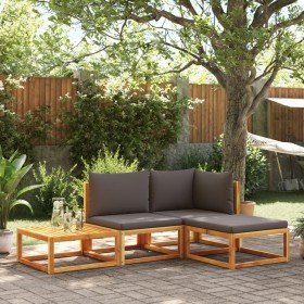 Conjunto de sofá de jardín de 4 piezas con cojines de madera de acacia y ratán en Conjuntos de jardín | Comprar online en Foro24