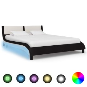 Estructura de cama con LED cuero PE negro y blanco 140x200 cm