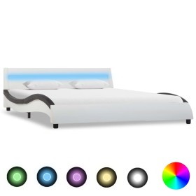 Estructura cama con LED cuero sintético blanco negro 120x200 cm