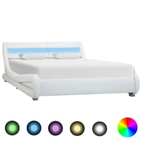 Estructura de cama con LED cuero sintético blanco 