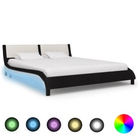 Estructura de cama con LED cuero PE blanco y negro 160x200 cm