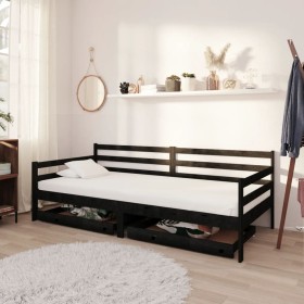 Sofá cama con cajones madera de pino maciza negro 90x200 cm
