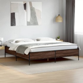 Estructura cama madera ingeniería metal marrón roble 200x200 cm