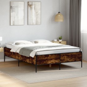 Estructura cama madera ingeniería metal roble ahumado 140x190cm en Camas y somieres | Comprar online en Foro24