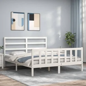 White solid wood bed frame with headboard 160x200 cm by vidaXL, Beds and slatted bases - Ref: Foro24-3191917, Price: 133,57 €...