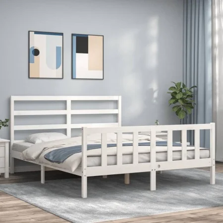 White solid wood bed frame with headboard 160x200 cm by vidaXL, Beds and slatted bases - Ref: Foro24-3191917, Price: 133,56 €...