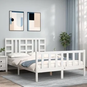 White solid wood bed frame with headboard 140x190 cm by vidaXL, Beds and slatted bases - Ref: Foro24-3191952, Price: 133,60 €...