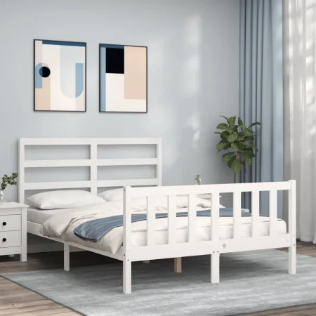 White solid wood bed frame with headboard 140x200 cm by vidaXL, Beds and slatted bases - Ref: Foro24-3191907, Price: 124,23 €...
