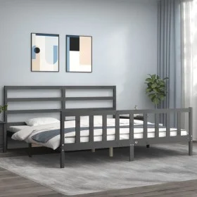 Gray solid wood bed frame with headboard 200x200 cm by vidaXL, Beds and slatted bases - Ref: Foro24-3191928, Price: 162,68 €,...