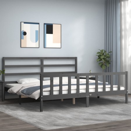 Gray solid wood bed frame with headboard 200x200 cm by vidaXL, Beds and slatted bases - Ref: Foro24-3191928, Price: 164,79 €,...