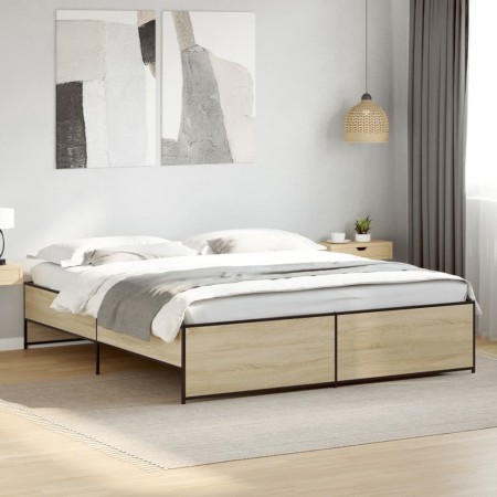 Estructura cama madera ingeniería metal roble Sonoma 200x200 cm