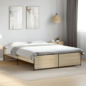 Estructura cama madera ingeniería metal roble Sonoma 150x200 cm Estructura cama madera ingeniería metal roble Sonoma 150x200 cm