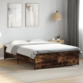 Estructura cama madera ingeniería metal roble ahumado 140x190cm en Camas y somieres | Comprar online en Foro24