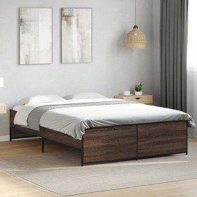 Estructura cama madera ingeniería metal marrón roble 135x190 cm Estructura cama madera ingeniería metal marrón roble 135x190 cm