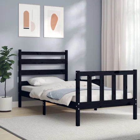 Bed frame with black solid wood headboard 100x200 cm by vidaXL, Beds and slatted bases - Ref: Foro24-3192030, Price: 128,42 €...