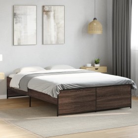 Estructura cama madera ingeniería metal marrón roble 120x190 cm