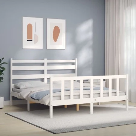 White solid wood bed frame with headboard 160x200 cm by vidaXL, Beds and slatted bases - Ref: Foro24-3192047, Price: 142,34 €...