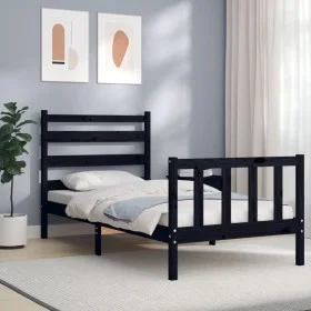 Single bed frame with black solid wood headboard by vidaXL, Beds and slatted bases - Ref: Foro24-3192000, Price: 120,92 €, Di...
