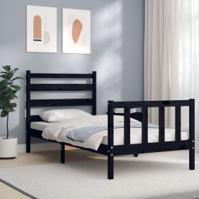 Estructura de cama con cabecero madera maciza negro 90x190 cm