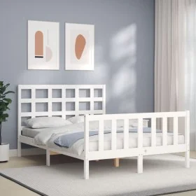 White solid wood bed frame with headboard 140x200 cm by vidaXL, Beds and slatted bases - Ref: Foro24-3192102, Price: 130,61 €...