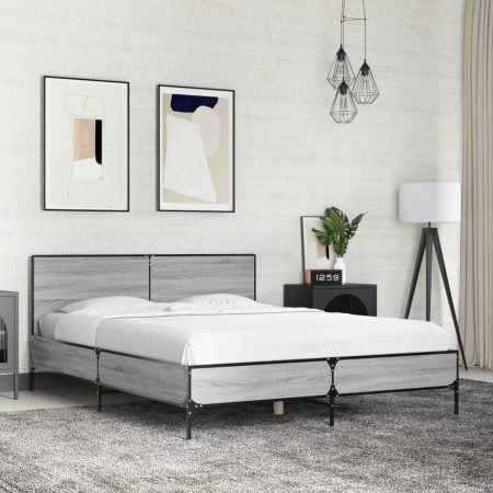 Estructura cama madera ingeniería metal gris Sonoma 140x200 cm