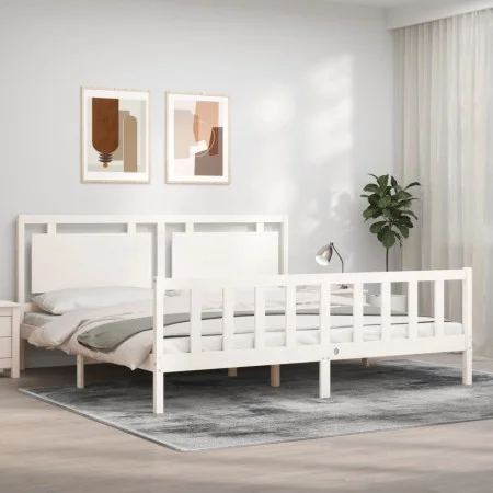 White solid wood bed frame with headboard 180x200 cm by vidaXL, Beds and slatted bases - Ref: Foro24-3192182, Price: 183,85 €...
