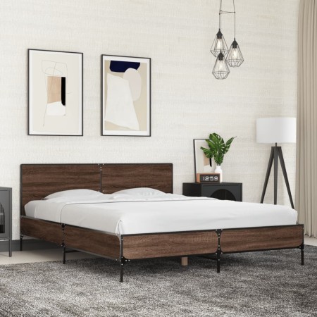 Estructura cama madera ingeniería metal marrón roble 150x200 cm