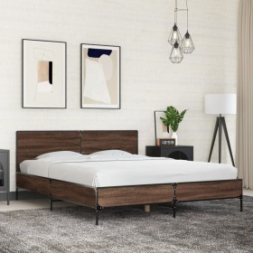 Estructura cama madera ingeniería metal marrón roble 160x200 cm