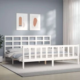 White solid wood bed frame with headboard 200x200 cm by vidaXL, Beds and slatted bases - Ref: Foro24-3192122, Price: 152,23 €...