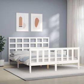 Weißer Massivholzbettrahmen mit Kopfteil 160x200 cm von vidaXL, Betten und Lattenroste - Ref: Foro24-3192112, Preis: 140,11 €...