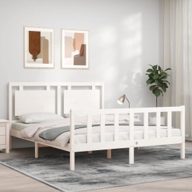 Double bed frame with white solid wood headboard by vidaXL, Beds and slatted bases - Ref: Foro24-3192172, Price: 167,20 €, Di...