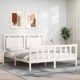 Double bed frame with white solid wood headboard by vidaXL, Beds and slatted bases - Ref: Foro24-3192172, Price: 164,98 €, Di...