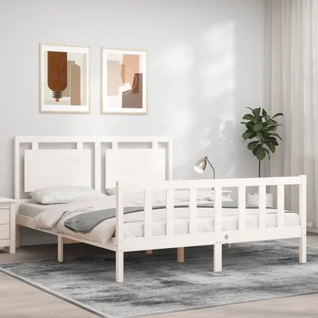 Double bed frame with white solid wood headboard by vidaXL, Beds and slatted bases - Ref: Foro24-3192172, Price: 164,98 €, Di...