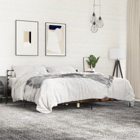 Estructura cama madera ingeniería metal roble ahumado 180x200cm