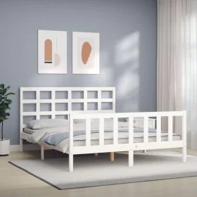 Double bed frame with white solid wood headboard by vidaXL, Beds and slatted bases - Ref: Foro24-3192107, Price: 144,47 €, Di...