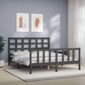 Double bed frame with gray solid wood headboard by vidaXL, Beds and slatted bases - Ref: Foro24-3192108, Price: 156,44 €, Dis...