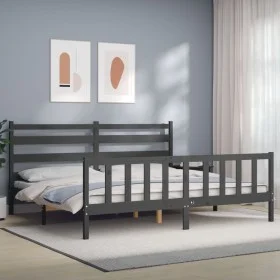 Gray solid wood bed frame with headboard 200x200 cm by vidaXL, Beds and slatted bases - Ref: Foro24-3192058, Price: 165,78 €,...