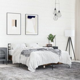 Estructura cama madera ingeniería metal roble ahumado 140x190cm Estructura cama madera ingeniería metal roble ahumado 140x190cm