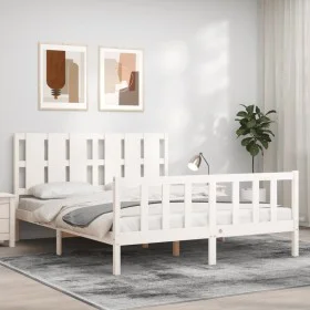Double bed frame with white solid wood headboard by vidaXL, Beds and slatted bases - Ref: Foro24-3192237, Price: 155,70 €, Di...