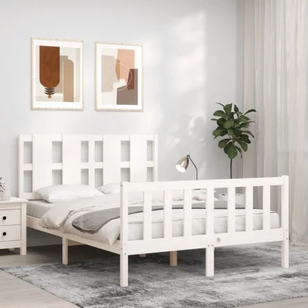 Double bed frame with white solid wood headboard by vidaXL, Beds and slatted bases - Ref: Foro24-3192202, Price: 133,14 €, Di...