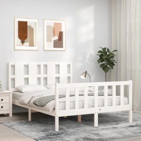 White solid wood bed frame with headboard 140x200 cm by vidaXL, Beds and slatted bases - Ref: Foro24-3192232, Price: 136,62 €...